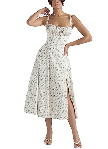 ERMODA Damen-Midikleid mit Blumenmuster, Korsett, Sommer, Boho, ärmellos, quadratischer Ausschnitt, fließender Druck, Schlitz, Schnürung, tailliertes Feenkleid (Color : Green Leaves, Size : Medium) von ERMODA