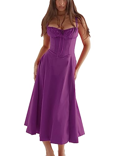 ERMODA Damen-Midikleid mit Blumenmuster, Korsett, Sommer, Boho, ärmellos, quadratischer Ausschnitt, fließender Druck, Schlitz, Schnürung, tailliertes Feenkleid (Color : Purple, Size : X-Large) von ERMODA