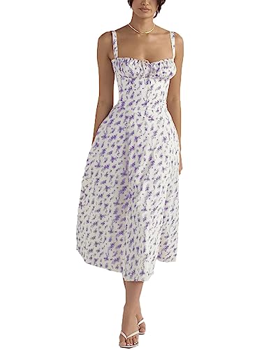 ERMODA Damen-Midikleid mit Blumenmuster, Korsett, Sommer, Boho, ärmellos, quadratischer Ausschnitt, fließender Druck, Schlitz, Schnürung, tailliertes Feenkleid (Color : Purple Leaves, Size : Large) von ERMODA