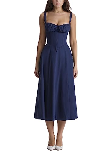 ERMODA Damen-Midikleid mit Blumenmuster, Korsett, Sommer, Boho, ärmellos, quadratischer Ausschnitt, fließender Druck, Schlitz, Schnürung, tailliertes Feenkleid (Color : Purplish Blue, Size : Small) von ERMODA