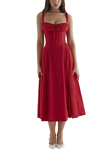 ERMODA Damen-Midikleid mit Blumenmuster, Korsett, Sommer, Boho, ärmellos, quadratischer Ausschnitt, fließender Druck, Schlitz, Schnürung, tailliertes Feenkleid (Color : Red, Size : Small) von ERMODA