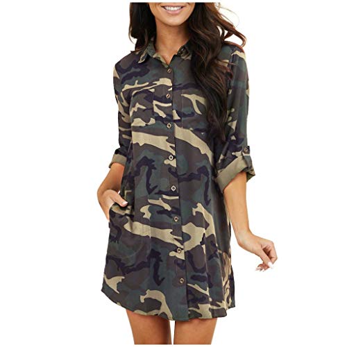 ERNUMK Bequeme Bluse mit Ärmeln, Taschen, Camouflage-Ausschnitt, lang, modisch, V-Ausschnitt, lässiges Damenkleid (Tarnmuster, Größe L) von ERNUMK