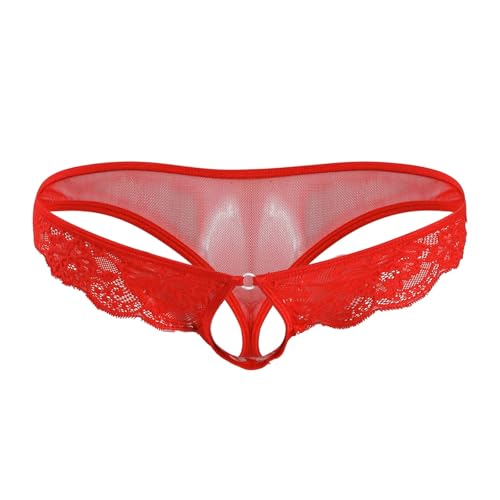 EROSPA® Herren Dessous Spitzen-String mit Penis Hoden Öffnung Slip schwarz Männer Men (Rot) von EROSPA
