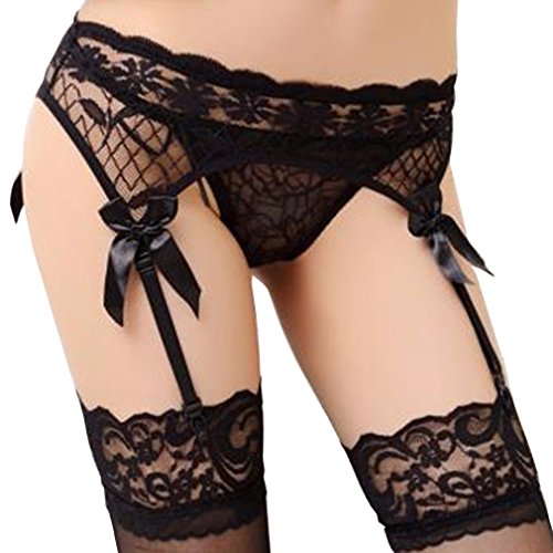 EROSPA® Schwarzer Strapsgürtel mit 4 Strumpfhaltern aus floraler Spitze Schleifen Damen Dessous schwarz Suspender Garter Belt von EROSPA