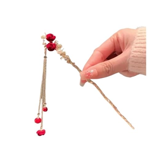 Damen-Haarnadel im nationalen Stil, elegant, Haarschmuck, chinesische rote Rose, Beflockung, Antik (01) von ERQIAO