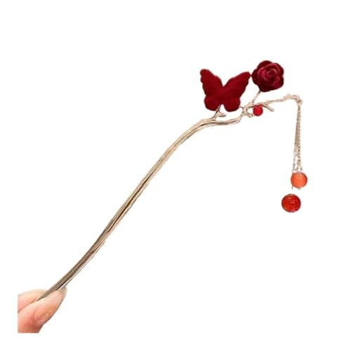 Damen-Haarnadel im nationalen Stil, elegant, Haarschmuck, chinesische rote Rose, Beflockung, Antik (07) von ERQIAO
