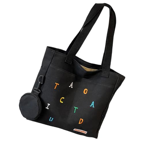 Damen-Schultertasche aus Segeltuch, elegante bunte Buchstaben-Stickerei, Handtasche für den täglichen Gebrauch, passend für Laptops und unverzichtbare modische minimalistische Handtasche, Schwarz von ERRORY