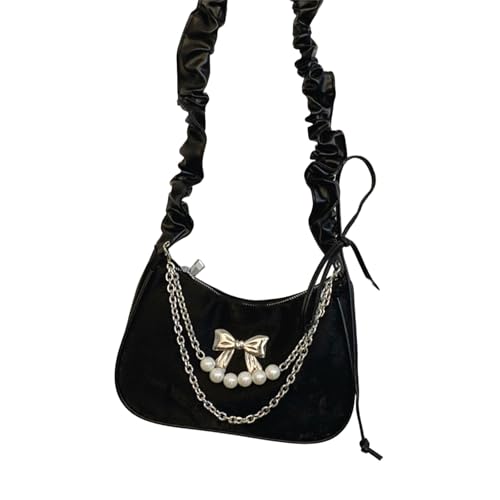 ERRORY Elegante Perlen-Plissee-Unterarm-Umhängetasche für Damen, modische PU-Leder-Crossbody-Tasche mit Schleifen, Dekoration, vielseitig einsetzbar, Schwarz , One Size von ERRORY
