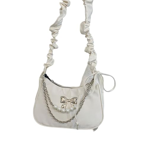ERRORY Elegante Perlen-Plissee-Unterarm-Umhängetasche für Damen, modische PU-Leder-Crossbody-Tasche mit Schleifen, Dekoration, vielseitig einsetzbar, weiß, One Size ERRORY Elegante Perlen-Plissee-Unterarm-Umhängetasche für Damen, modische PU-Leder-Crossbody-Tasche mit Schleifen, Dekoration, vielseitig einsetzbar, weiß, One Size von ERRORY