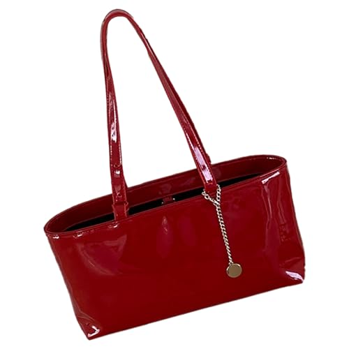 ERRORY Elegante koreanische Damen-Schultertasche mit großem Fassungsvermögen, für Arbeit, Pendeln, glänzendes PU-Leder, multifunktional, Unterarm-Geldbörse, verstellbarer Riemen, rot, One Size von ERRORY