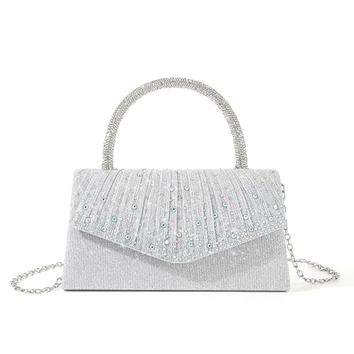 ERRORY Luxuriöse Abendtasche mit Strasssteinen und abnehmbarer Kette, plissiert, elegante Handtasche für Hochzeiten, Partys, Abschlussbälle, weiß, One Size ERRORY Luxuriöse Abendtasche mit Strasssteinen und abnehmbarer Kette, plissiert, elegante Handtasche für Hochzeiten, Partys, Abschlussbälle, weiß, One Size von ERRORY
