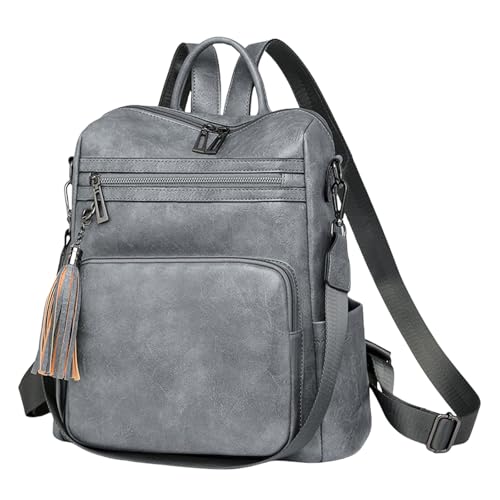 ERRORY Modischer PU-Leder-Rucksack für Damen, vielseitige Schultasche, Reise-Schultertasche mit großem Stauraum und Quasten, akzentuierter Reiserucksack für Damen, grau, One Size ERRORY Modischer PU-Leder-Rucksack für Damen, vielseitige Schultasche, Reise-Schultertasche mit großem Stauraum und Quasten, akzentuierter Reiserucksack für Damen, grau, One Size von ERRORY