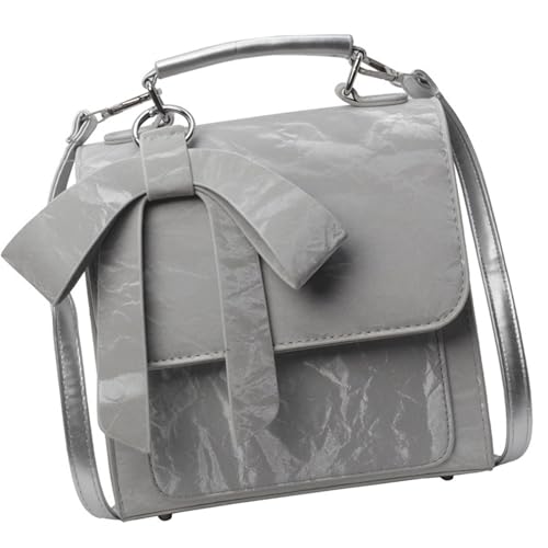 ERRORY Vielseitige quadratische Umhängetasche aus PU-Leder, modische Schleife, Schultertasche, lässige Handtasche für Reisen, Urlaub, Ledertaschen, silber, One Size von ERRORY