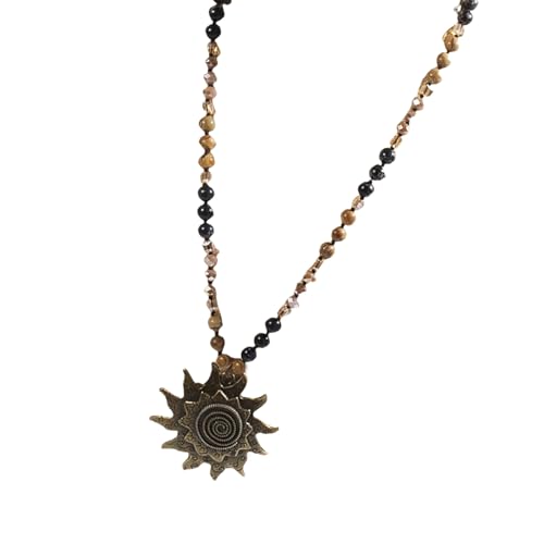 Einzigartige Halskette mit Sonnenanhänger, ethnische Halskette, 8 mm, Naturstein und Glasperlen, Halskette für Modebegeisterte, Statement-Schmuck für Frauen, Einheitsgröße, Wie beschrieben, Wie von ERRORY