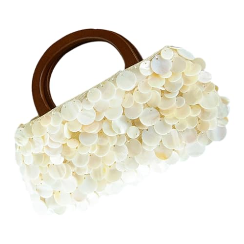 Einzigartige handgewebte Abendtasche mit Muscheldekoration und ergonomischem Holztragegriff, Urlaubstasche für Damen, stilvolles Muschel-Design, Urlaubstasche von ERRORY
