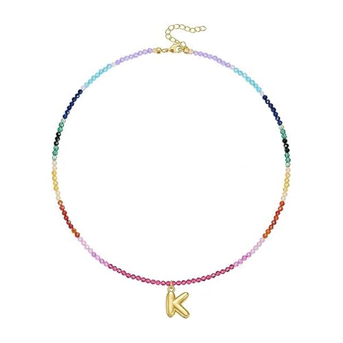 Halskette mit Buchstaben-Anhänger, 14 Karat vergoldet, mit Regenbogen-Edelsteinperlen für Damen, Strandschmuck, Initialen-Perlen-Halskette, Einheitsgröße, Wie beschrieben, Wie beschrieben von ERRORY