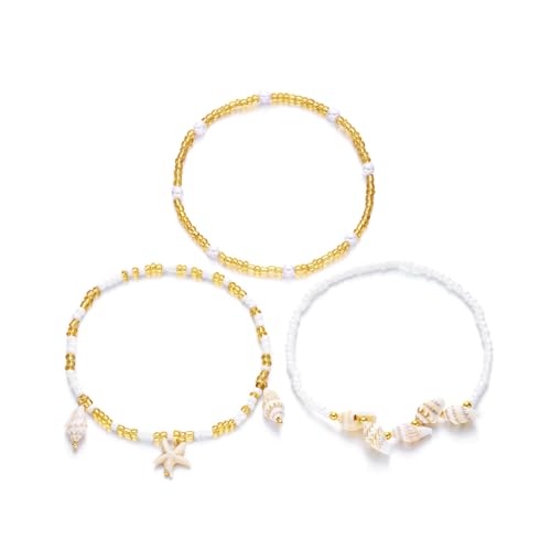 Mehrlagiges Strand-Fußkettchen, stapelbar, Fußschmuck mit Seesternen, Muschel-Legierung, Perlen und Kunstperlen, Fußkettchen, Strandzubehör, Knöchelketten-Set, Einheitsgröße, Wie beschrieben von ERRORY