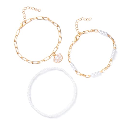 Mehrlagiges Strand-Fußkettchen, stapelbar, Fußschmuck mit Seesternen, Muschel-Legierung, Perlen und Kunstperlen, Fußkettchen, Strandzubehör, Knöchelketten-Set, Einheitsgröße, Wie beschrieben von ERRORY