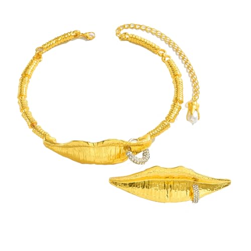 Moderne lippenförmige Halskette mit passenden Ringen, funkelnden Kristallakzenten, stabile Legierung, Schmuck-Set zum Verschenken, leichte Lippen-Halskette und von ERRORY