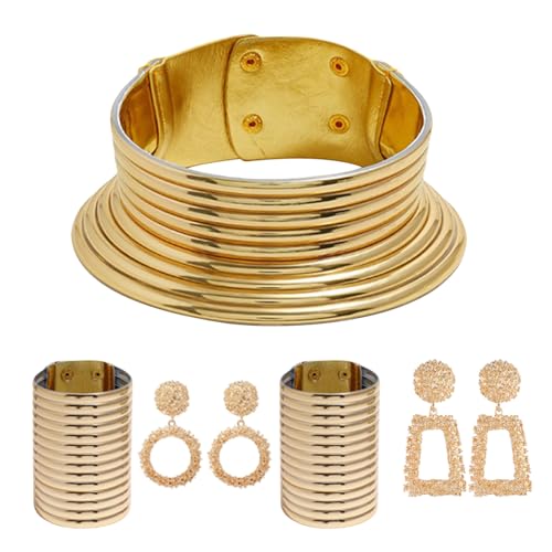 Stilvolles, goldenes Halsketten-Set, inspiriert von langen Halsbändern, ethnischen Choker- und Ohranhängern, Set für Modeliebhaber, Clubwear, Akzentstücke, Einheitsgröße, Wie beschrieben, Wie von ERRORY