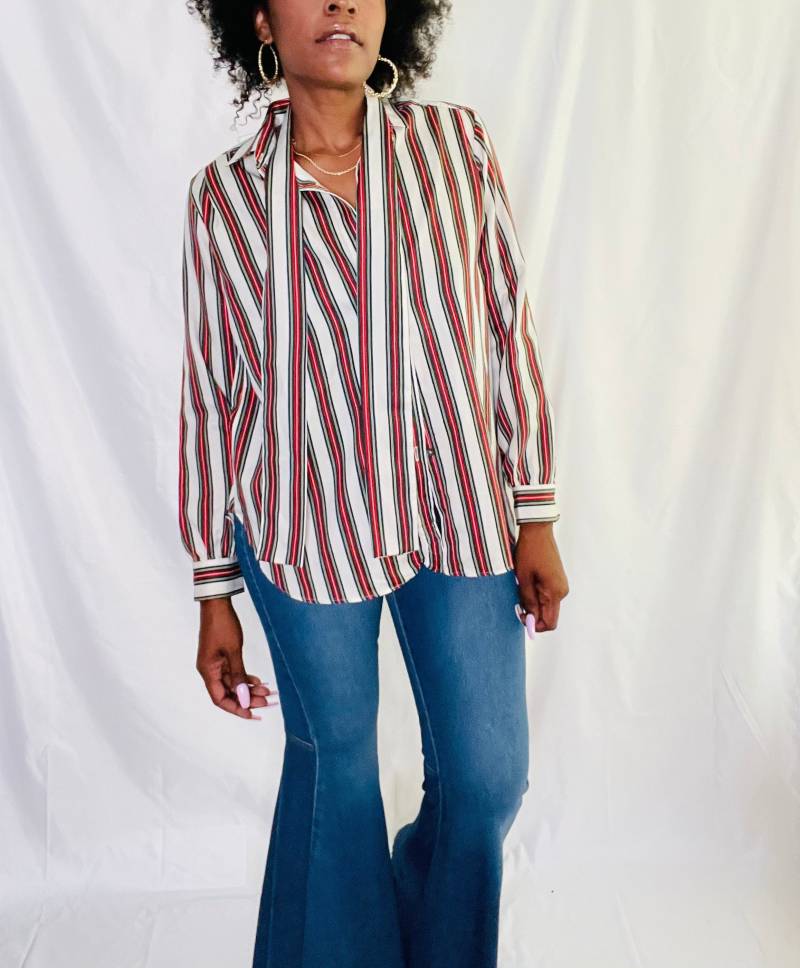 Evan Picone 1980Er Super Frühe 80Er Jahre Ära Grün Rot Creme Farbe Longsleeve Knopf Unten Bluse Gr. 12 von ERSALINEandMAE