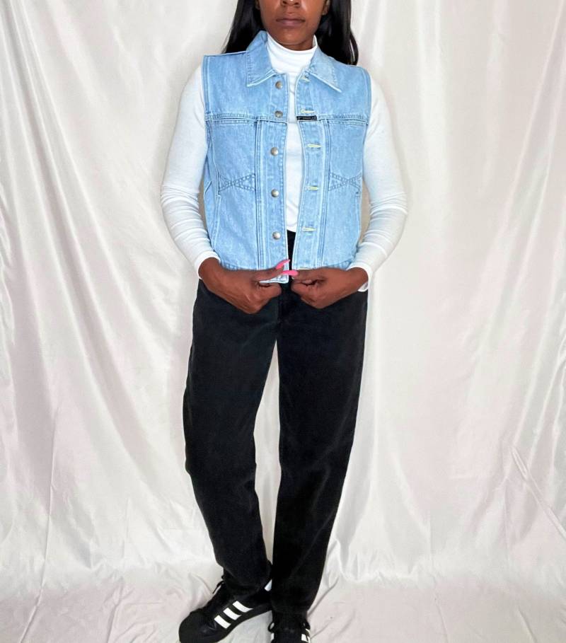 Girbud Marithé + François Girbaud 1990S Y2K Light Blue Denim 4 Pocket Late Button Down Jeans Weste Size Large von ERSALINEandMAE