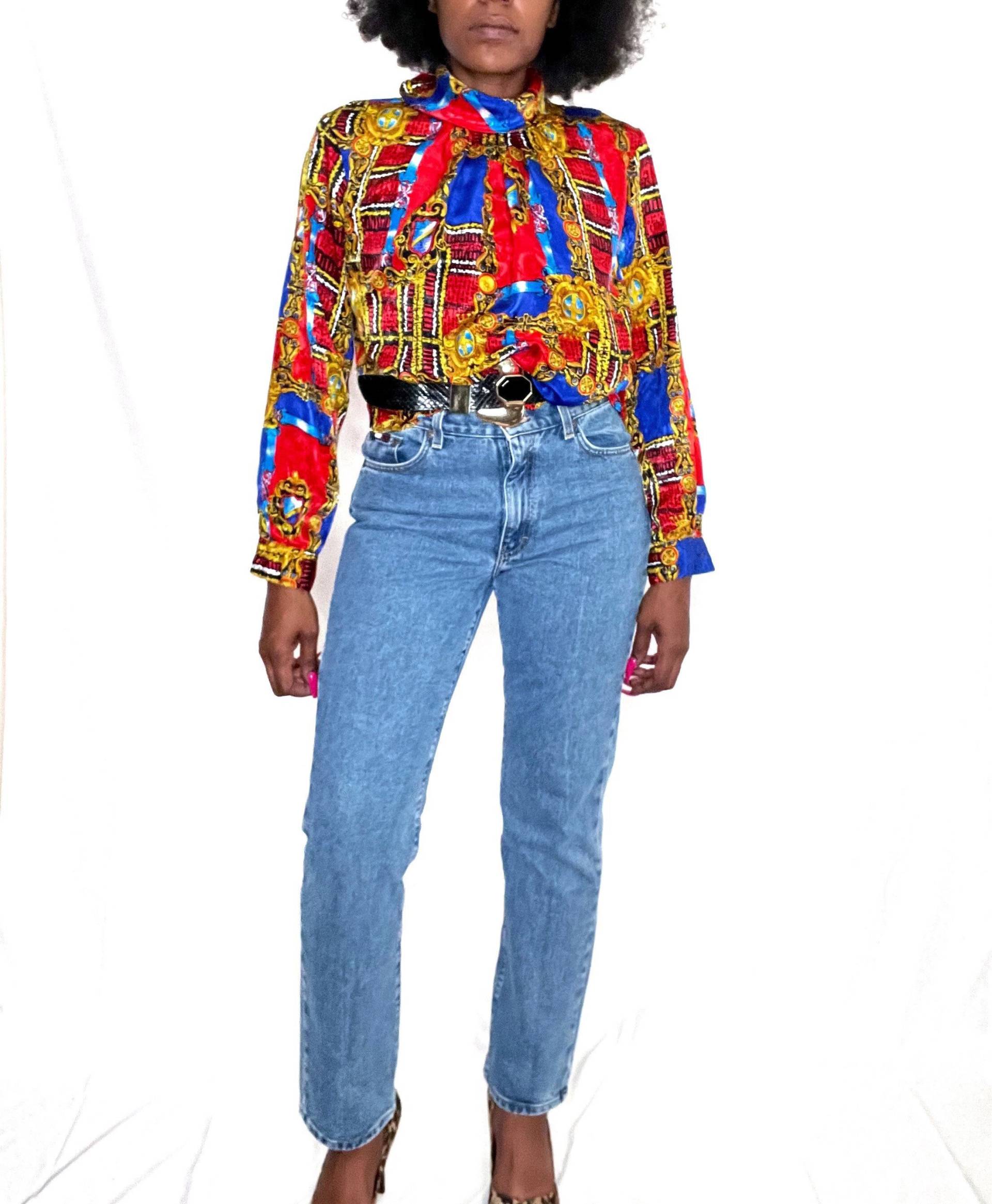 Laura & Jane Collection 80Er Jahre Seidiger Barock Schal Print Stehkragen Langarm Satin Bluse Größe 10 von ERSALINEandMAE