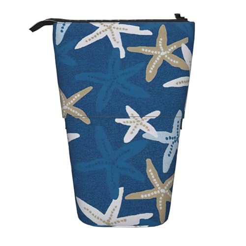 ERSDWRE Blauer Hintergrund Seestern Teleskop-Federmäppchen Kawaii Schreibwarentasche Reißverschluss Stifteetui Stand Up Pencil Holder von ERSDWRE