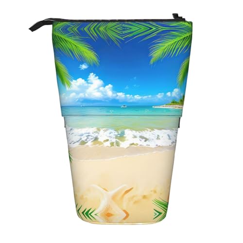 ERSDWRE Sea Star Beach Sea Palms Teleskop-Federmäppchen Kawaii Schreibwarentasche Reißverschluss Stifteetui Stand Up Pencil Holder von ERSDWRE