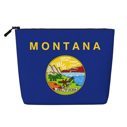 Kosmetiktasche für Damen, Motiv: Montana-Flagge, Kunstleinen, großes Fassungsvermögen, perfekt für Reisen und den täglichen Gebrauch, Schwarz , Einheitsgröße von ERSDWRE