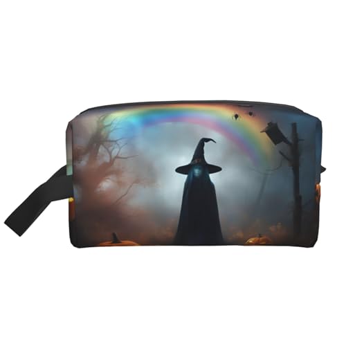Kulturbeutel mit Halloween-Motiv, Motiv: Hexenhut, Spinnen-Druck, Reise-Kulturbeutel, Make-up-Tasche, Kosmetiktasche, hängende Kosmetiktasche für Damen und Herren, Fitnessstudio von ERSDWRE