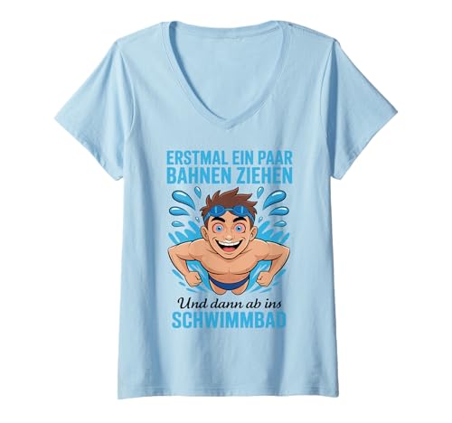 Damen ERSTMAL EIN Paar BAHNEN ZIEHEN UND DANN AB INS Schwimmbad T-Shirt mit V-Ausschnitt Damen ERSTMAL EIN Paar BAHNEN ZIEHEN UND DANN AB INS Schwimmbad T-Shirt mit V-Ausschnitt von ERSTMAL EIN PAAR BAHNEN ZIEHEN - Manga Anime Style