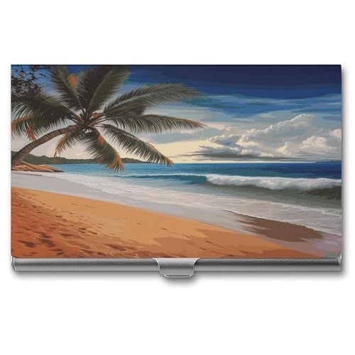 ERSTSNCK Visitenkartenhalter aus Metall, Motiv: Kokospalme, Sandstrand, personalisierbar, superleicht, Visitenkartenetui, schmal, mit Schnalle, für Männer und Frauen von ERSTSNCK