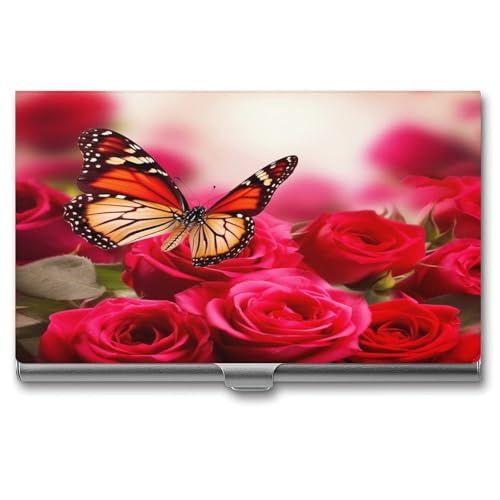 ERSTSNCK Visitenkartenhalter aus Metall, Motiv: Rote Rosen und Schmetterlinge, personalisierbar, superleicht, Visitenkartenetui, schmal, mit Schnalle, für Männer und Frauen ERSTSNCK Visitenkartenhalter aus Metall, Motiv: Rote Rosen und Schmetterlinge, personalisierbar, superleicht, Visitenkartenetui, schmal, mit Schnalle, für Männer und Frauen von ERSTSNCK