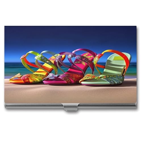 ERSTSNCK Visitenkartenhalter aus Metall, Motiv: bunte Sandalen, Schuhe, personalisierbar, superleicht, Visitenkartenetui, schmal, mit Schnalle, für Damen und Herren von ERSTSNCK