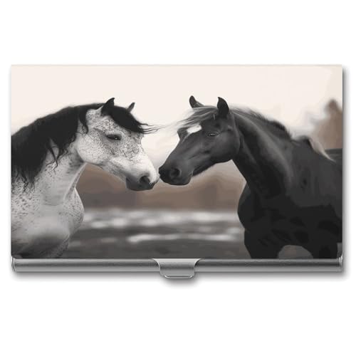 ERSTSNCK Visitenkartenhalter aus Metall, Motiv: schwarze und weiße Pferde, personalisierbar, superleicht, Visitenkartenetui, schmal, Namenskartenhalter, Organizer mit Schnalle, für Männer und Frauen von ERSTSNCK