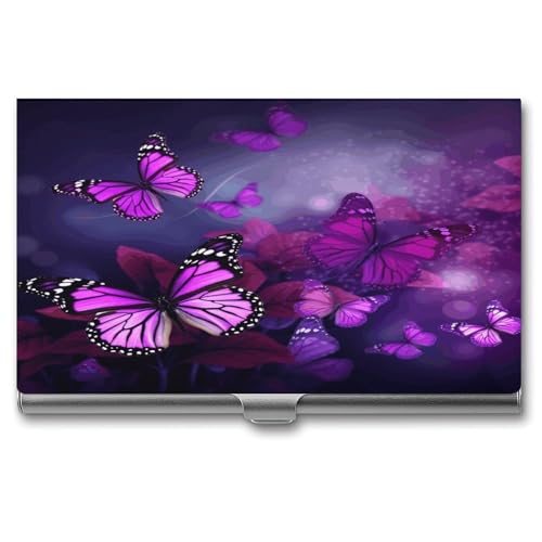 ERSTSNCK Visitenkartenhalter aus Metall, Motiv: violette Schmetterlinge, personalisierbar, superleicht, schlankes Design, Namenskartenhalter, Organizer mit Schnalle, für Damen und Herren von ERSTSNCK