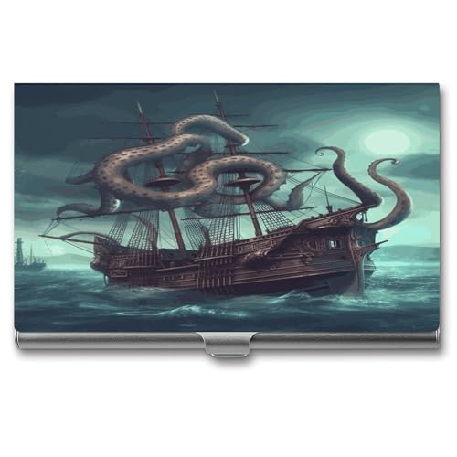 ERSTSNCK Visitenkartenhalter mit Oktopus-Schiff, Metall, personalisierbar, superleicht, Visitenkartenetui, schmal, Namenskartenhalter, Organizer mit Schnalle, für Männer und Frauen von ERSTSNCK
