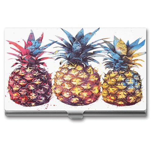 ERSTSNCK Visitenkartenhalter mit drei Ananas-Muster, Metall, personalisierbar, superleicht, Visitenkartenetui, schmal, Namenskartenhalter, Organizer mit Schnalle, für Männer und Frauen von ERSTSNCK