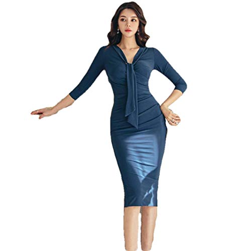 ERTYUIO Kleidereinfarbig Mantel Bleistiftkleid Damen Herbst Kleider Ol Geraffte Drapierte Schleife Slim-Blue_XL von ERTYUIO