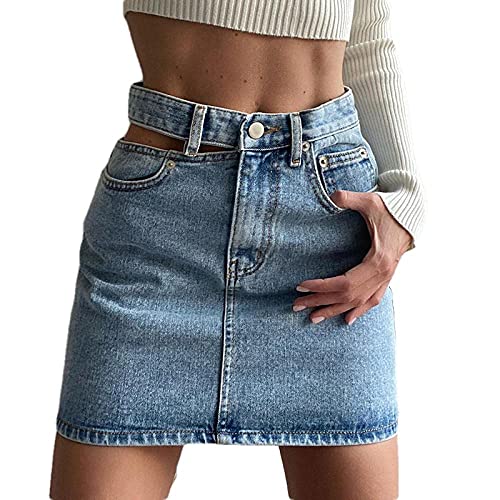 Kurzer Rock Kariert Asymmetrischer Jeansrock Mit Hoher Taille Und Knopf Einseitig Hohl-A_M von ERTYUIO
