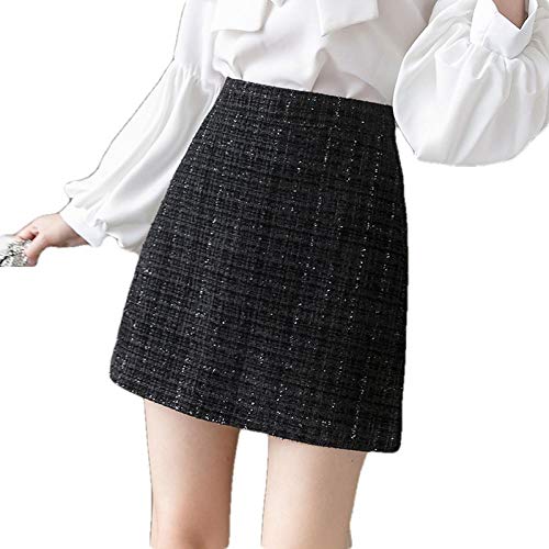 Kurzer Rock Kariert Frauen Wollrock Mode Hohe Taille A-Linie Wollröcke Schwarz/Grau Frau Lässiger Rock-Schwarz_XL von ERTYUIO