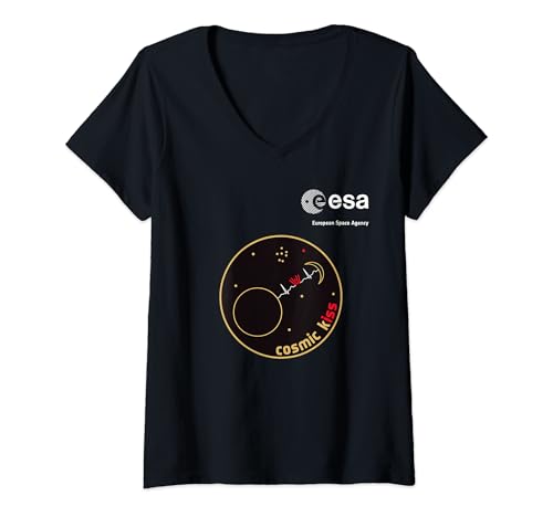Damen ESA European Space Agency Mission cosmic kiss Patch T-Shirt mit V-Ausschnitt von ESA European Space Agency cosmic kiss Weiß