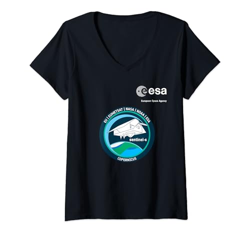 Damen ESA European Space Agency Mission sentinel-6 Patch T-Shirt mit V-Ausschnitt von ESA European Space Agency sentinel-6 Weiß