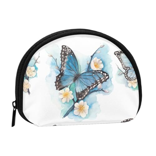 Blauer Schmetterling auf Blüte Blumendruck Mini-Münzen-Aufbewahrungstasche – Volldruck-Design, Polyesterfaser-Material, kompakte Größe, praktisch und vielseitig, Schwarz , Einheitsgröße von ESASAM