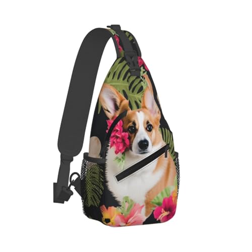 Brusttasche mit tropischen Blumen und Corgi, leichte Riemen, robust und langlebig, geeignet für die meisten Menschen, Schwarz , Einheitsgröße von ESASAM