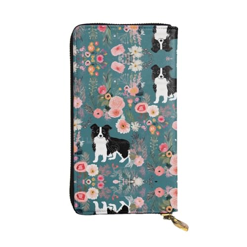 ESASAM Braune Geldbörse aus Rindsleder, lange Clutch, hochwertiges Kunstleder und hochwertiger Metall-Reißverschluss, langlebig., Border Collie Florals, Einheitsgröße von ESASAM