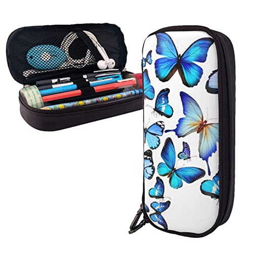 ESASAM Federmäppchen aus Leder mit Schmetterlingsmotiv, stilvoller Schreibwaren-Organizer mit mehreren Fächern, tragbares Federmäppchen, Make-up-Tasche, stilvolle Kosmetiktasche, blau mit von ESASAM