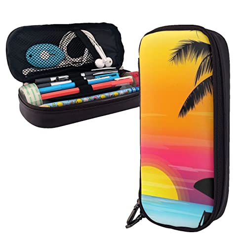 ESASAM Federmäppchen aus Leder mit Sonnenblumen-Design – stilvoller Schreibwaren-Organizer mit mehreren Fächern, tragbares Federmäppchen, Make-up-Tasche, stilvolle Kosmetiktasche, Sunset Palme, von ESASAM