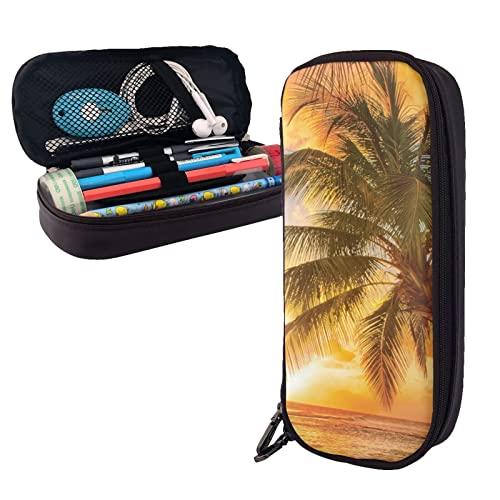 ESASAM Federmäppchen aus Leder mit tropischem Strand, Palme, Sonnenuntergang, stilvoller Schreibwaren-Organizer mit mehreren Fächern, tragbares Federmäppchen, Make-up-Tasche, stilvolle Kosmetiktasche, von ESASAM